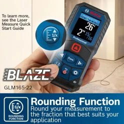 Bosch BLAZE 165 ft. Laser Distance Tape Measuring Tool with Color Screen and Measurement Rounding Functionality -Hand Tools Sales Store bosch laser distance measurer glm165 22 1f 1000