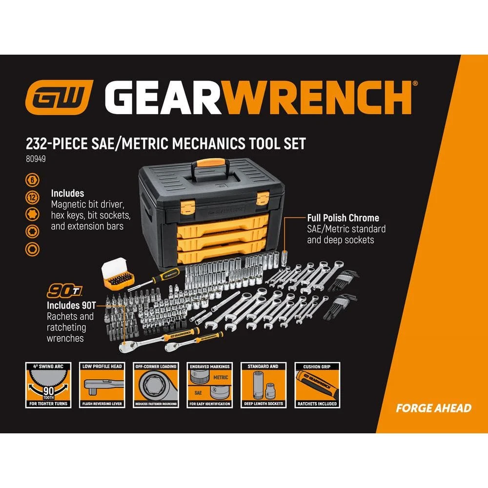 GEARWRENCH 1/4 in. and 3/8 in. Drive 90-Tooth Standard and Deep SAE/Metric Mechanics Tool Set in 3-Drawer Storage Box (232-Piece) 3 GEARWRENCH 1/4 in. and 3/8 in. Drive 90-Tooth Standard and Deep SAE/Metric Mechanics Tool Set in 3-Drawer Storage Box (232-Piece) - Image 3