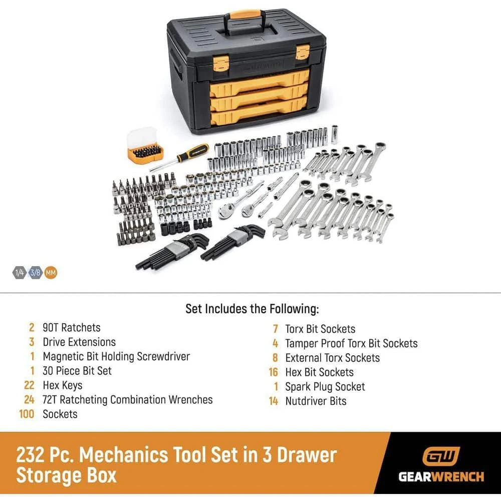 GEARWRENCH 1/4 in. and 3/8 in. Drive 90-Tooth Standard and Deep SAE/Metric Mechanics Tool Set in 3-Drawer Storage Box (232-Piece) 2 GEARWRENCH 1/4 in. and 3/8 in. Drive 90-Tooth Standard and Deep SAE/Metric Mechanics Tool Set in 3-Drawer Storage Box (232-Piece) - Image 2