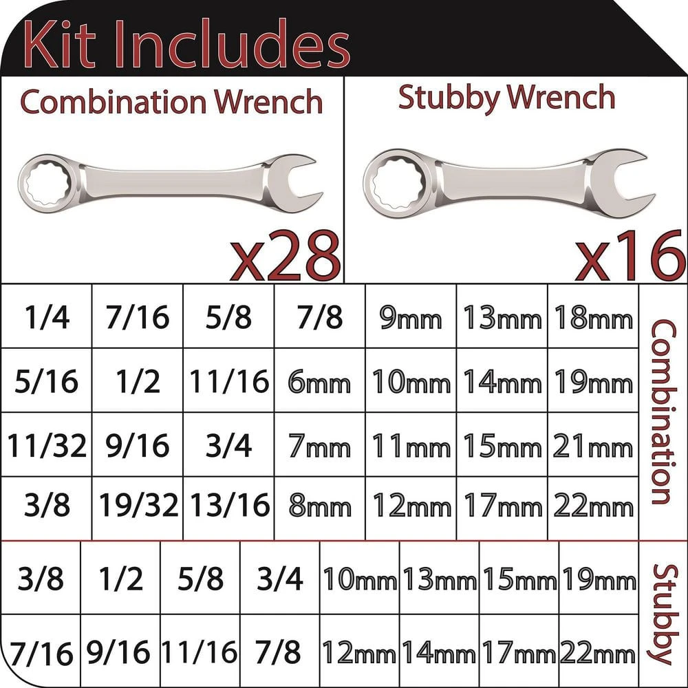 Husky SAE and Metric Combination Wrench Set with Tray (44-Piece) 2 Husky SAE and Metric Combination Wrench Set with Tray (44-Piece) - Image 2