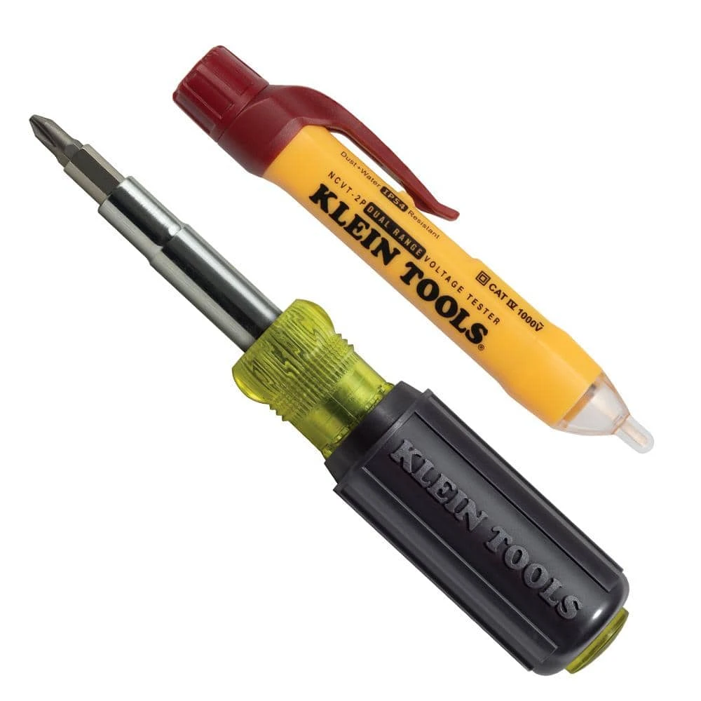 Klein Tools 2-Piece 12-Volt-1000-Volt AC Dual Range Non-Contact Voltage Tester and Multi-Bit Screwdriver Tool Set 1 Klein Tools 2-Piece 12-Volt-1000-Volt AC Dual Range Non-Contact Voltage Tester and Multi-Bit Screwdriver Tool Set
