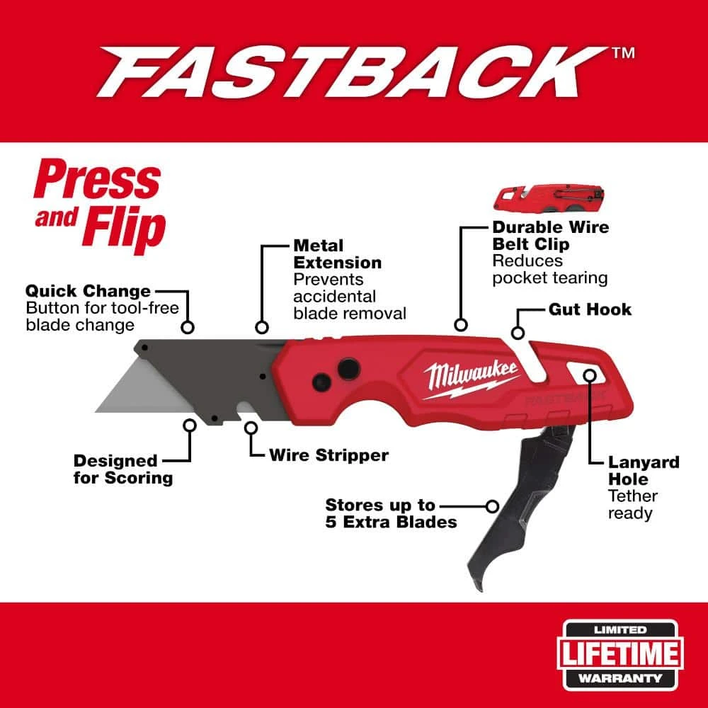 Milwaukee FASTBACK Folding Utility Knife with Blade Storage and General Purpose Blade 2 Milwaukee FASTBACK Folding Utility Knife with Blade Storage and General Purpose Blade - Image 2