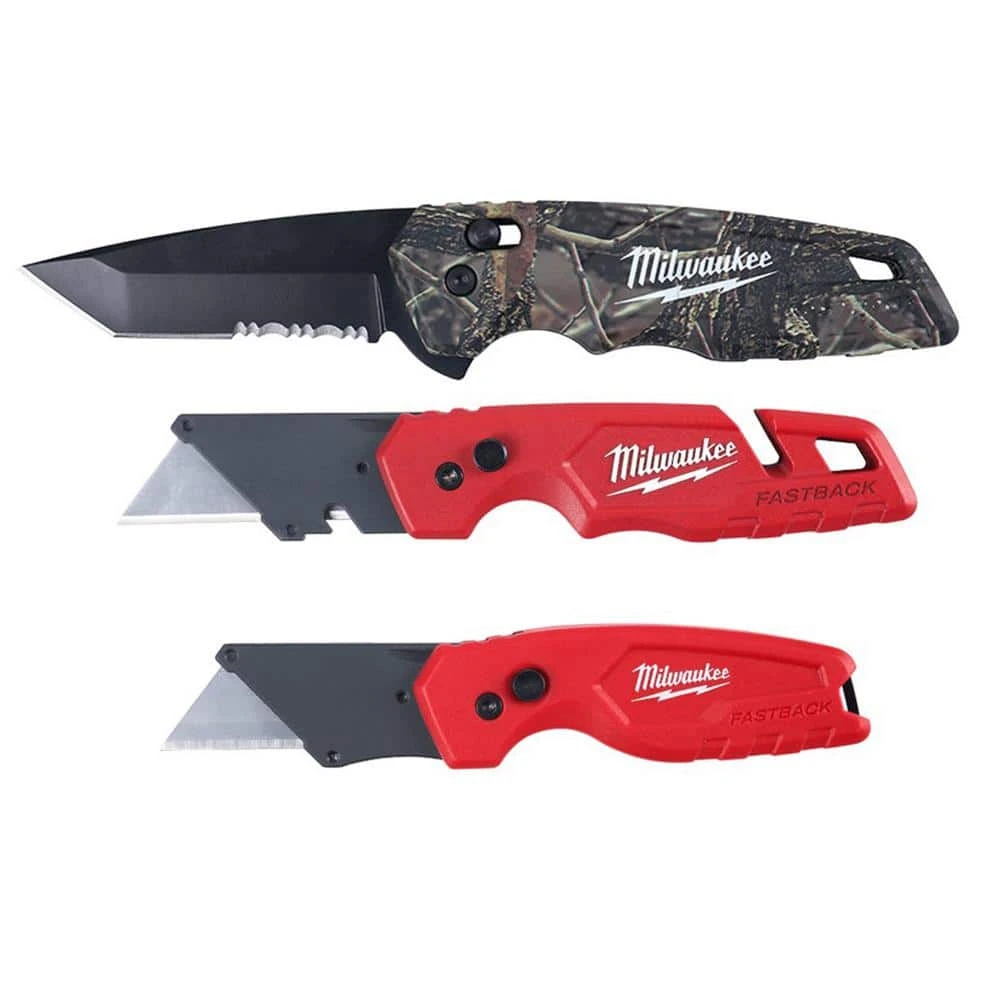 Milwaukee FASTBACK 2 .95 in. Camo Stainless Steel Spring Assisted Folding Knife and FASTBACK Folding Utility Knife Set (3-Piece) 1 Milwaukee FASTBACK 2 .95 in. Camo Stainless Steel Spring Assisted Folding Knife and FASTBACK Folding Utility Knife Set (3-Piece)