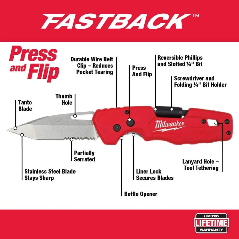 Milwaukee FASTBACK 5- In-1 Folding Knife with 3 in. Blade and FASTBACK 6-in-1 Folding Utility Knife (2-Piece) 2 Milwaukee FASTBACK 5- In-1 Folding Knife with 3 in. Blade and FASTBACK 6-in-1 Folding Utility Knife (2-Piece) - Image 2