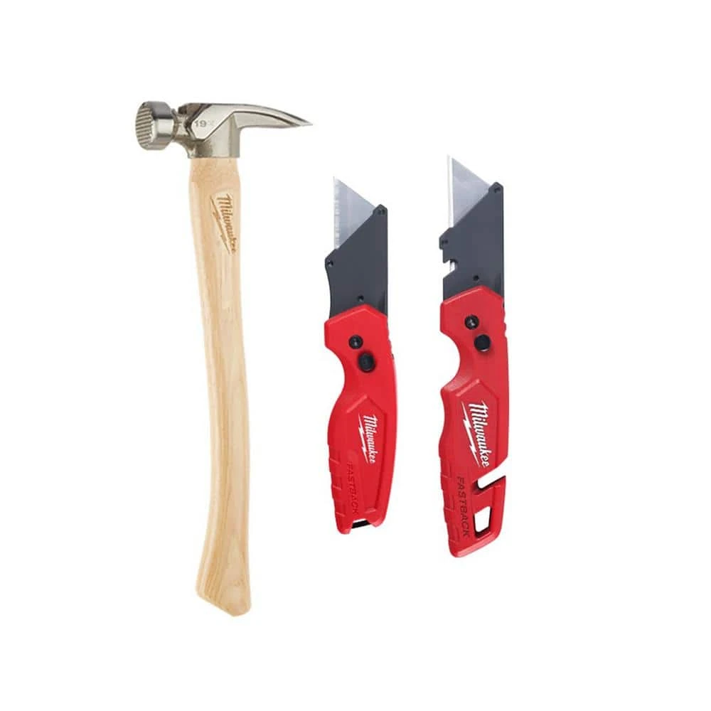 Milwaukee 19 oz. Wood Milled Face Hickory Framing Hammer with FASTBACK Folding Utility Knife Set (3-Piece) 1 Milwaukee 19 oz. Wood Milled Face Hickory Framing Hammer with FASTBACK Folding Utility Knife Set (3-Piece)