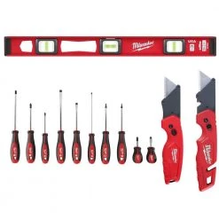Milwaukee 24 in. Magnetic I-Beam Level with Screwdriver Set and FASTBACK Folding Utility Knife Set (13-Piece)