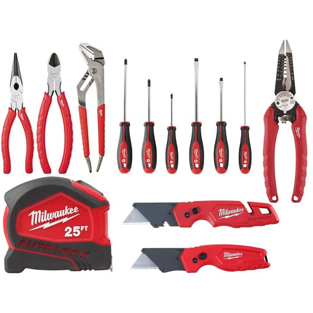 Milwaukee Pliers Kit with Screwdriver Set, 25 ft. Auto Lock Tape Measure, and FASTBACK Utility Knives Hand Tool Set (13-Piece) 1 Milwaukee Pliers Kit with Screwdriver Set, 25 ft. Auto Lock Tape Measure, and FASTBACK Utility Knives Hand Tool Set (13-Piece)