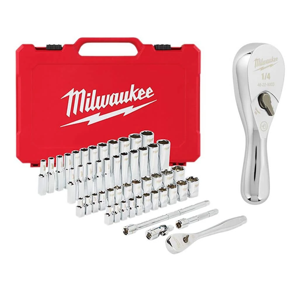 Milwaukee 1/4 in. Drive SAE/Metric Ratchet and Socket Mechanics Tool Set with 1/4 in. Drive 3 in. Stubby Ratchet (51-Piece) 1 Milwaukee 1/4 in. Drive SAE/Metric Ratchet and Socket Mechanics Tool Set with 1/4 in. Drive 3 in. Stubby Ratchet (51-Piece)