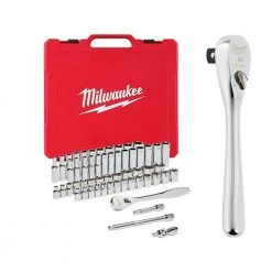 Milwaukee 3/8 in. Drive SAE/Metric Ratchet and Socket Mechanics Tool Set with 3/8 in. Drive 5 in. Stubby Ratchet (57-Piece)