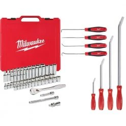 Milwaukee 3/8 in. Drive SAE/Metric Ratchet and Socket Mechanics Tool Set with Hook and Pick Set and Pry Bar Set (66-Piece)