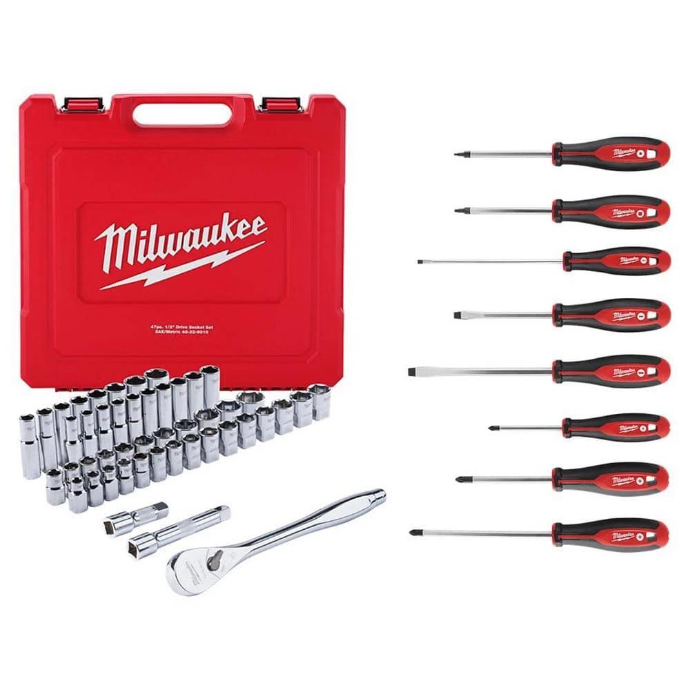 Milwaukee 1/2 in. Drive SAE/Metric Ratchet and Socket Mechanics Tool Set with Screwdriver Set (55-Piece) 1 Milwaukee 1/2 in. Drive SAE/Metric Ratchet and Socket Mechanics Tool Set with Screwdriver Set (55-Piece)