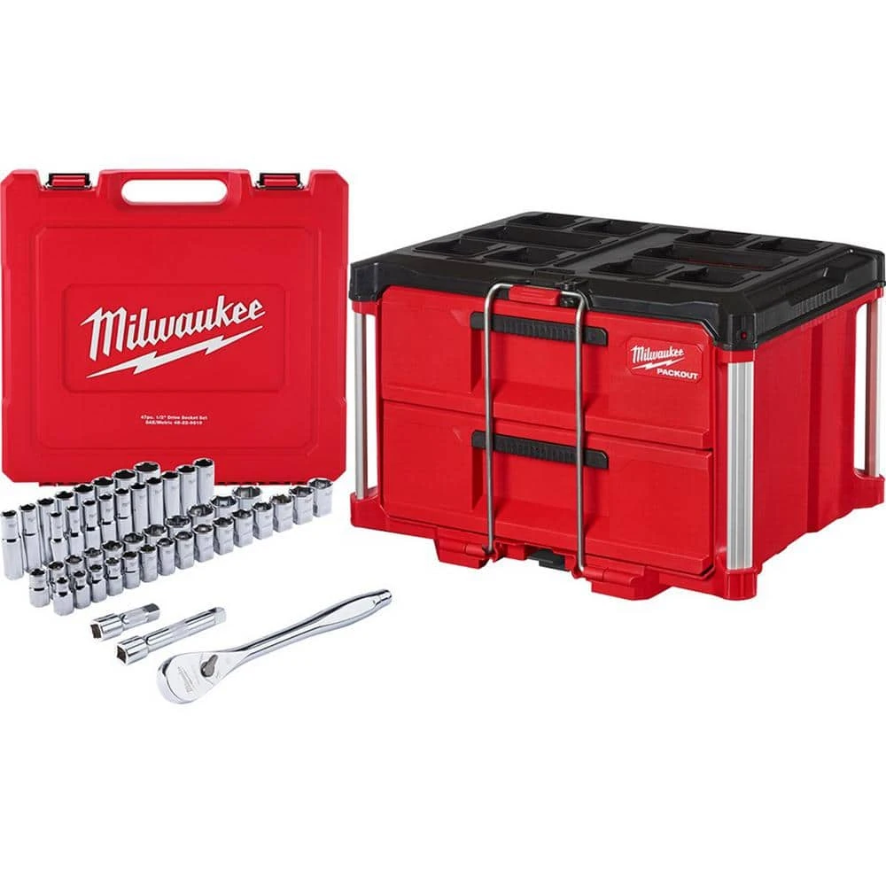 Milwaukee 1/2 in. Drive SAE/Metric Mechanics Tool Set (47-Piece) with PACKOUT 2-Drawer Tool Box 1 Milwaukee 1/2 in. Drive SAE/Metric Mechanics Tool Set (47-Piece) with PACKOUT 2-Drawer Tool Box