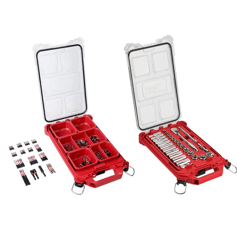Milwaukee 3/8 in. Drive SAE Ratchet and Socket Mechanics Tool Set and SHOCKWAVE Driver Bit Set with PACKOUT Cases (128-Piece) 1 Milwaukee 3/8 in. Drive SAE Ratchet and Socket Mechanics Tool Set and SHOCKWAVE Driver Bit Set with PACKOUT Cases (128-Piece)