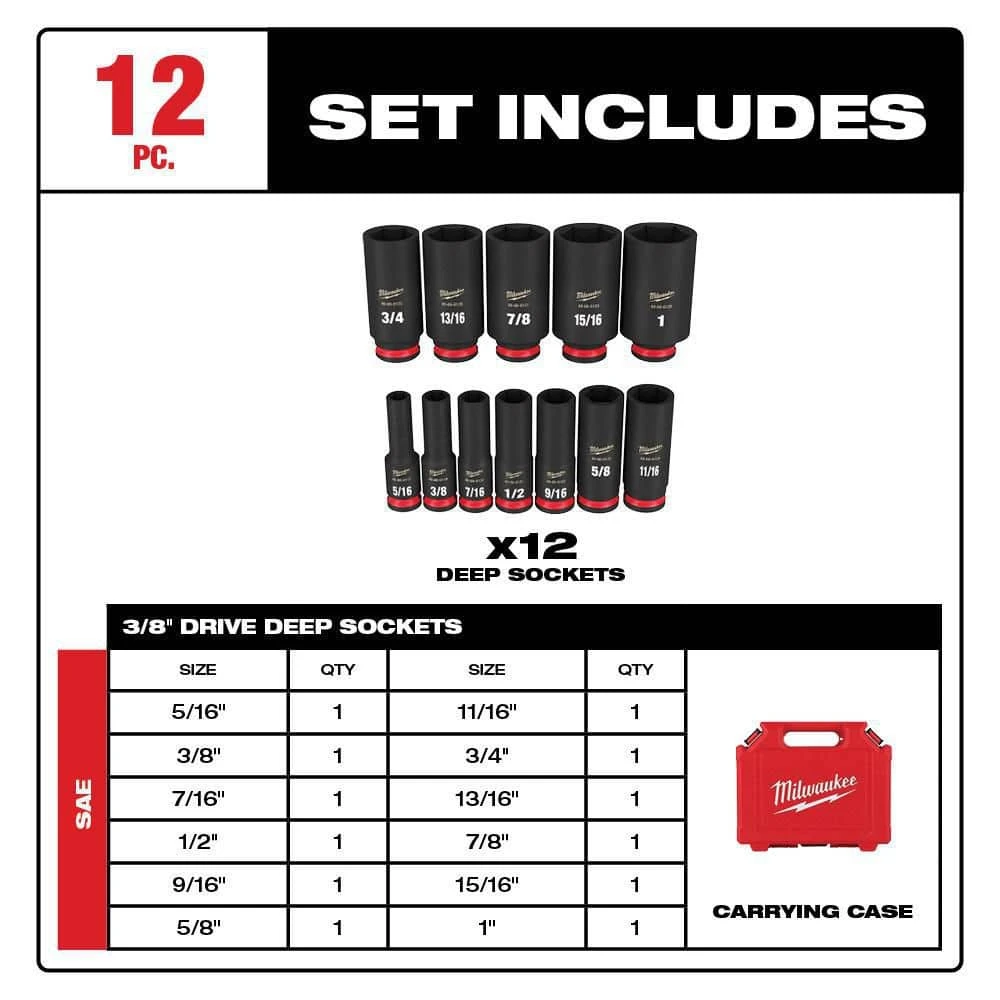 Milwaukee SHOCKWAVE 3/8 in. Drive Deep Well 6 Point Impact Socket Set (12-Piece) 4 Milwaukee SHOCKWAVE 3/8 in. Drive Deep Well 6 Point Impact Socket Set (12-Piece) - Image 4