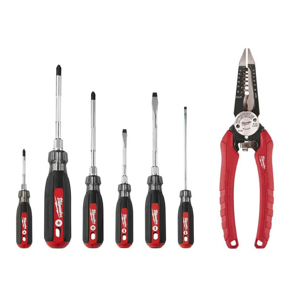 Milwaukee Cushion Grip Screwdriver Set with 7.75 in. Combination Electrician's 6-in-1 Wire Strippers Pliers (7-Piece) 1 Milwaukee Cushion Grip Screwdriver Set with 7.75 in. Combination Electrician's 6-in-1 Wire Strippers Pliers (7-Piece)