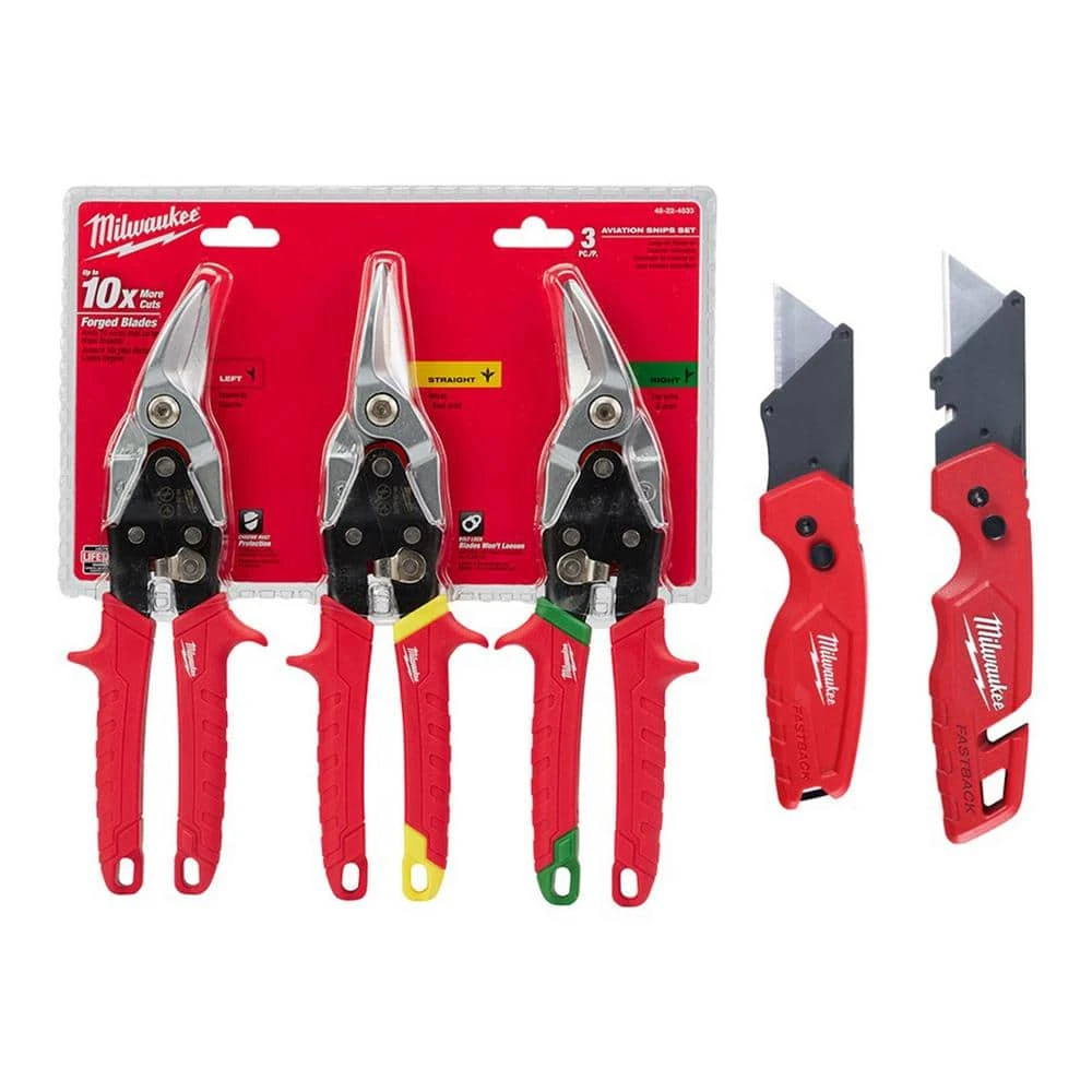 Milwaukee Left, Right and Straight Aviation Snips with Utility Knife's (5-Pack) 1 Milwaukee Left, Right and Straight Aviation Snips with Utility Knife's (5-Pack)
