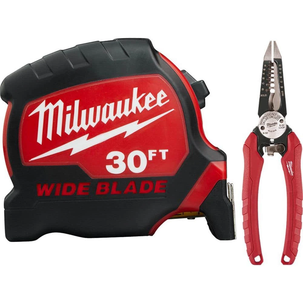Milwaukee 30 ft. x 1.3 in. Wide Blade Tape Measure with 6-in-1 Wire Stripper Pliers 1 Milwaukee 30 ft. x 1.3 in. Wide Blade Tape Measure with 6-in-1 Wire Stripper Pliers