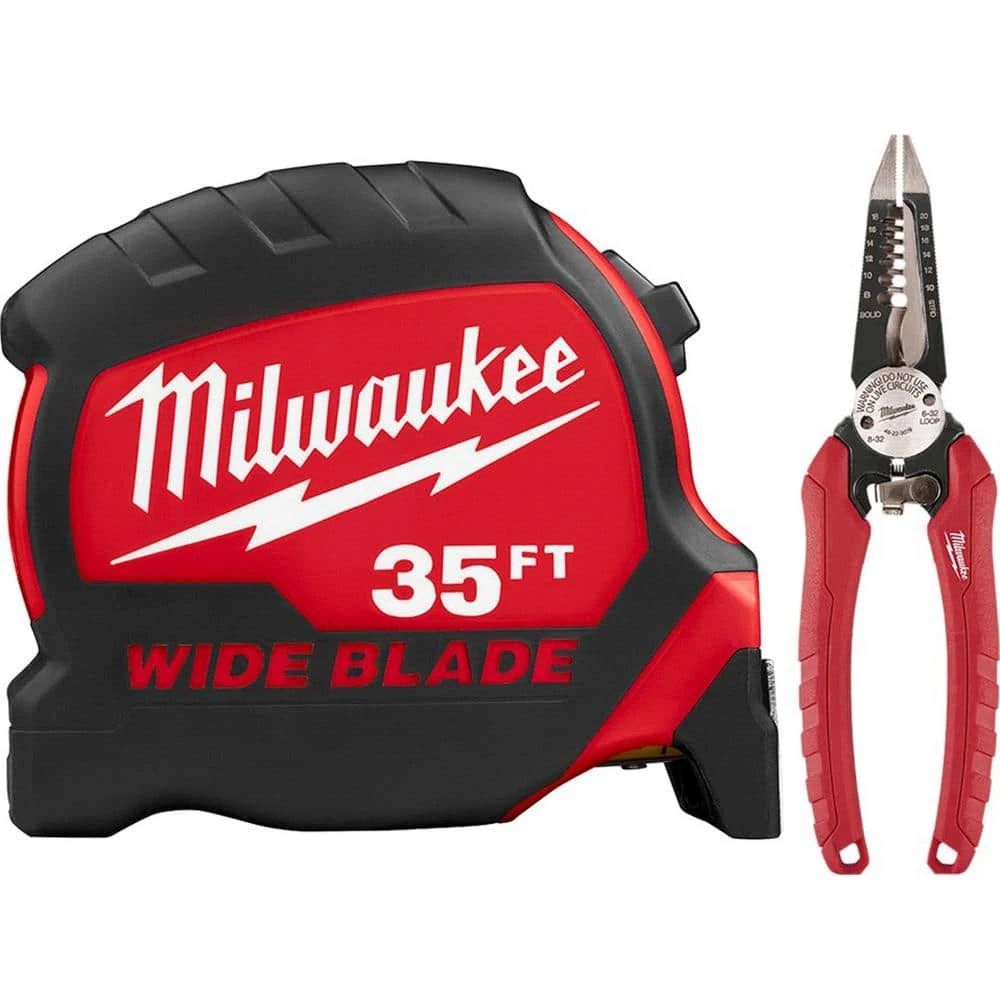 Milwaukee 35 ft. x 1.3 in. W Blade Tape Measure with 6-in-1 Wire Stripper Pliers 1 Milwaukee 35 ft. x 1.3 in. W Blade Tape Measure with 6-in-1 Wire Stripper Pliers