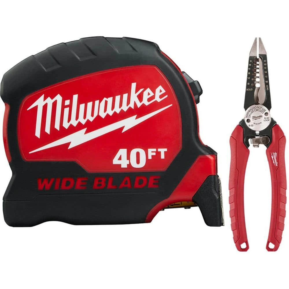 Milwaukee 40 ft. x 1.3 in. W Blade Tape Measure with 6-in-1 Wire Stripper Pliers 1 Milwaukee 40 ft. x 1.3 in. W Blade Tape Measure with 6-in-1 Wire Stripper Pliers