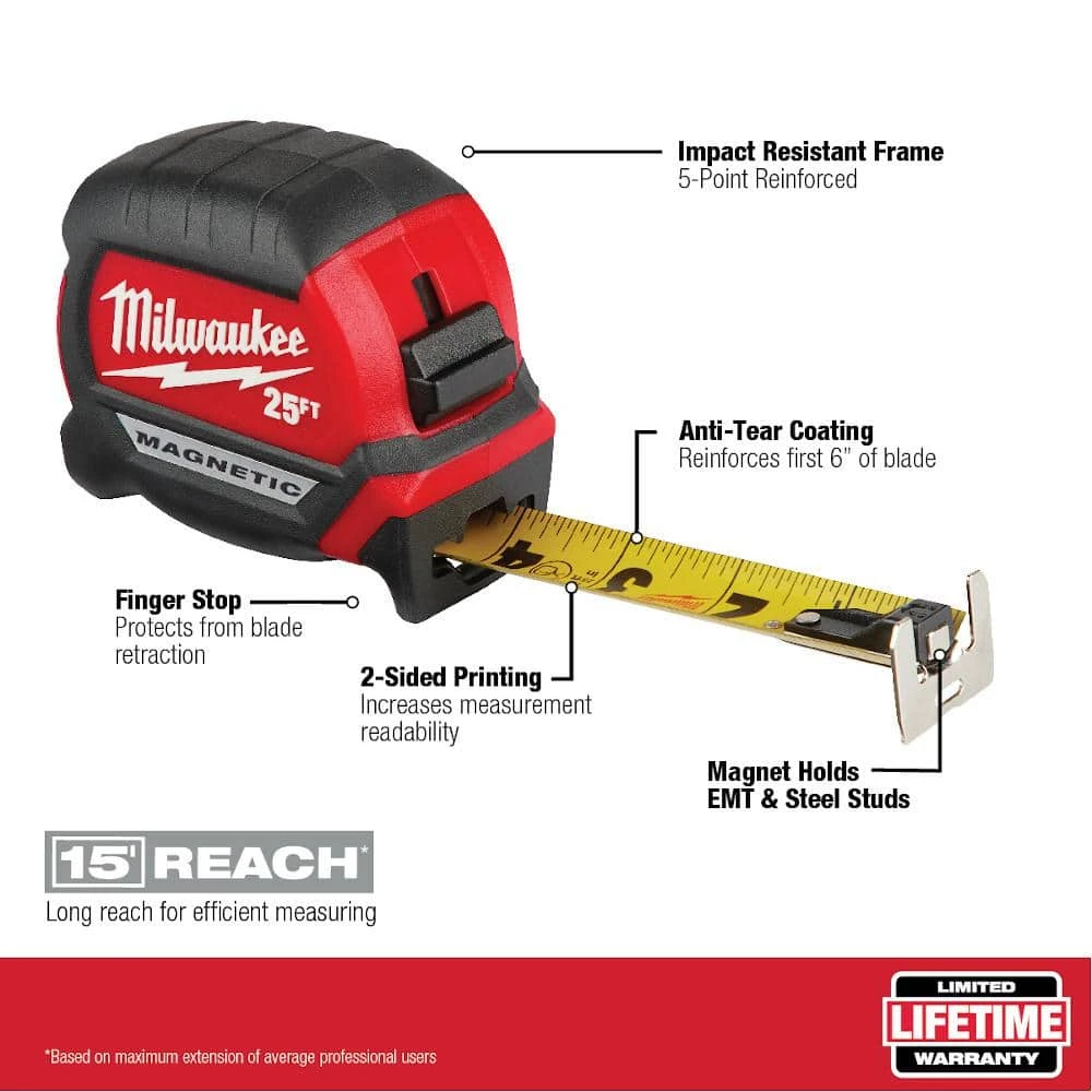 Milwaukee 25 ft. x 1-1/16 in. Compact Magnetic Tape Measure with 15 ft. Reach (2-Pack) 3 Milwaukee 25 ft. x 1-1/16 in. Compact Magnetic Tape Measure with 15 ft. Reach (2-Pack) - Image 3
