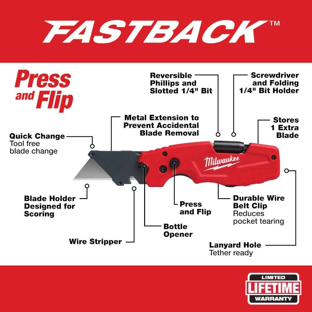 Milwaukee FASTBACK 6-in-1 Folding Utility Knife with 9-in-1 Square Drive Ratcheting Multi-Bit Screwdriver 2 Milwaukee FASTBACK 6-in-1 Folding Utility Knife with 9-in-1 Square Drive Ratcheting Multi-Bit Screwdriver - Image 2