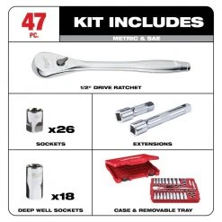 Milwaukee Combination Metric Wrench Mechanics Set with 1/2 in. Drive SAE/Metric Ratchet and Socket Mechanics Set (62-Piece) -Hand Tools Sales Store milwaukee wrench sets 48 22 9515 48 22 9010 76 1000