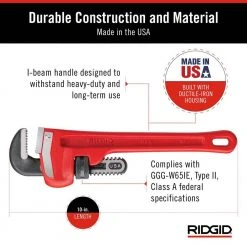 RIDGID 10 in. Straight Pipe Wrench for Heavy-Duty Plumbing, Sturdy Plumbing Pipe Tool with Self Cleaning Threads and Hook Jaws -Hand Tools Sales Store ridgid pipe wrenches 31010 a0 1000